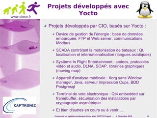 Concevoir un système embarqué Linux avec YOCTO Project - 4 Décembre 2014 60 
www.ciose.fr 
Projets développés avec 
Yocto 
Projets développés par CIO, basés sur Yocto : 
Device de gestion de l'énergie : base de données 
embarquée, FTP et Web server, communications 
Modbus 
SCADA contrôlant la motorisation de bateaux : Qt, 
localisation et internationalisation (langues asiatiques) 
Système In Flight Entertainment : codecs, protocoles 
vidéo et audio, DLNA, SOAP, librairies graphiques 
(moving map) 
Appareil d'analyse médicale : Xorg sans Window 
manager, Java, serveur impression Cups, BDD 
Postgresql 
Terminal de vote électronique : Qt4 embedded sur 
framebuffer, sécurisation des installations par 
cryptograpie asymétrique 
Et bien d'autres en cours ou à venir …. 
 