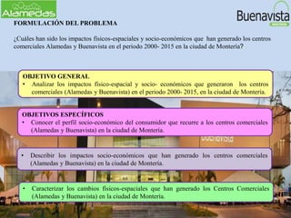 FORMULACIÓN DEL PROBLEMA
¿Cuáles han sido los impactos físicos-espaciales y socio-económicos que han generado los centros
comerciales Alamedas y Buenavista en el periodo 2000- 2015 en la ciudad de Montería?
OBJETIVO GENERAL
• Analizar los impactos físico-espacial y socio- económicos que generaron los centros
comerciales (Alamedas y Buenavista) en el periodo 2000- 2015, en la ciudad de Montería.
• Describir los impactos socio-económicos que han generado los centros comerciales
(Alamedas y Buenavista) en la ciudad de Montería.
OBJETIVOS ESPECÍFICOS
• Conocer el perfil socio-económico del consumidor que recurre a los centros comerciales
(Alamedas y Buenavista) en la ciudad de Montería.
• Caracterizar los cambios físicos-espaciales que han generado los Centros Comerciales
(Alamedas y Buenavista) en la ciudad de Montería.
 