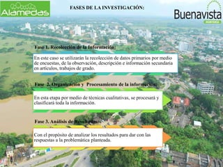 FASES DE LA INVESTIGACIÓN:
Fase 1. Recolección de la Información:
En este caso se utilizarán la recolección de datos primarios por medio
de encuestas, de la observación, descripción e información secundaria
en artículos, trabajos de grado.
Fase 2. Organización y Procesamiento de la información:
En esta etapa por medio de técnicas cualitativas, se procesará y
clasificará toda la información.
Fase 3. Análisis de Resultados:
Con el propósito de analizar los resultados para dar con las
respuestas a la problemática planteada.
 