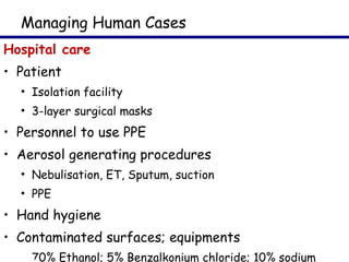 Hospital care Patient Isolation facility 3-layer surgical masks Personnel to use PPE Aerosol generating procedures Nebulisation, ET, Sputum, suction PPE Hand hygiene Contaminated surfaces; equipments 70% Ethanol; 5% Benzalkonium chloride; 10% sodium hypochlorite Managing Human Cases 