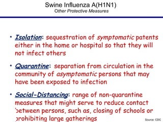 Swine Influenza A(H1N1)  O ther Protective Measures <ul><ul><li>Isolation :  sequestration of  symptomatic  patents either...