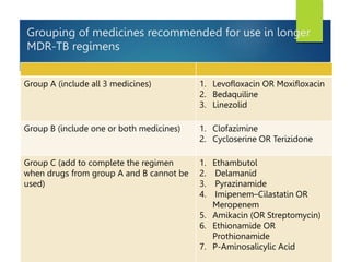 Grouping of medicines recommended for use in longer
MDR-TB regimens
Group A (include all 3 medicines) 1. Levofloxacin OR Moxifloxacin
2. Bedaquiline
3. Linezolid
Group B (include one or both medicines) 1. Clofazimine
2. Cycloserine OR Terizidone
Group C (add to complete the regimen
when drugs from group A and B cannot be
used)
1. Ethambutol
2. Delamanid
3. Pyrazinamide
4. Imipenem–Cilastatin OR
Meropenem
5. Amikacin (OR Streptomycin)
6. Ethionamide OR
Prothionamide
7. P-Aminosalicylic Acid
 