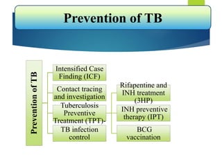 Prevention
of
TB
Intensified Case
Finding (ICF)
Contact tracing
and investigation
Tuberculosis
Preventive
Treatment (TPT)-
Rifapentine and
INH treatment
(3HP)
INH preventive
therapy (IPT)
BCG
vaccination
TB infection
control
Prevention of TB
 