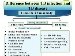 TB bacilli in human body
TB Infection TB disease
• inhales droplet nuclei
• survive intracellularly within
the lung and associated
lymphoid tissue
• + TB Skin Test
• Not infectious
• No symptoms
• Bacteria- Dormant
• +/- TB Skin Test
• Infectious (possibly)
• Symptomatic (possibly)
• Bacteria- Multiplying
• CxR-Abnormal
Immunity compromised
Immunity not compromised
Difference between TB infection and
TB disease
 