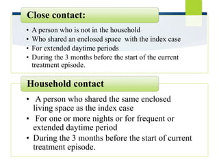 • A person who is not in the household
• Who shared an enclosed space with the index case
• For extended daytime periods
• During the 3 months before the start of the current
treatment episode.
Close contact:
• A person who shared the same enclosed
living space as the index case
• For one or more nights or for frequent or
extended daytime period
• During the 3 months before the start of current
treatment episode.
Household contact
 