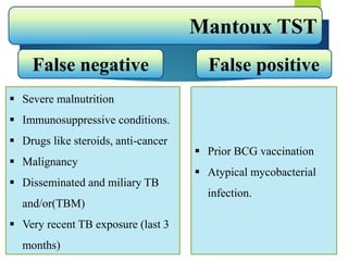  Severe malnutrition
 Immunosuppressive conditions.
 Drugs like steroids, anti-cancer
 Malignancy
 Disseminated and miliary TB
and/or(TBM)
 Very recent TB exposure (last 3
months)
 Prior BCG vaccination
 Atypical mycobacterial
infection.
False negative False positive
Mantoux TST
 
