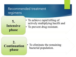 Recommended treatment
regimens
 Anti-TB treatment is divided into two phases:
• To achieve rapid killing of
actively multiplying bacilli and
• To prevent drug resistant.
1.
Intensive
phase
• To eliminate the remaining
bacterial population.
2.
Continuation
phase
 