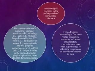 The concentrations of a
number of immune-
sensitive cells, including
CD1 cells (i.E. Primarily
langerhans cells) and CD3
cells (i.E. The majority of
mature T lymphocytes) in
the oral gingival
epithelium, as well as CD4
cells (i.E. Helper T cells)
in the oral and sulcular
gingival epithelium, were
elevated during pregnancy.
For androgens,
immunologic functions
related to adaptive
immunity and innate
inflammatory
responsiveness have
been hypothesized to
affect the progression
of periodontal disease
in men
Immunological
reactions in the
pathogenesis of
periodontal
diseases
 