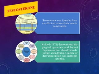 Testosterone was found to have
an effect on extracellular matrix
components.
Kofoed (1971) demonstrated that
gingival hyaluronic acid, but not
heparan sulfate, chondroitin-4-
sulfate, chondroitin-6-sulfate or
dermatan sulfate, was androgen
sensitive.
 
