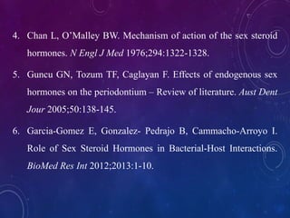 4. Chan L, O’Malley BW. Mechanism of action of the sex steroid
hormones. N Engl J Med 1976;294:1322-1328.
5. Guncu GN, Tozum TF, Caglayan F. Effects of endogenous sex
hormones on the periodontium – Review of literature. Aust Dent
Jour 2005;50:138-145.
6. Garcia-Gomez E, Gonzalez- Pedrajo B, Cammacho-Arroyo I.
Role of Sex Steroid Hormones in Bacterial-Host Interactions.
BioMed Res Int 2012;2013:1-10.
 