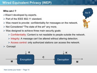Here comes your footer     Page  Wired Equivalent Privacy (WEP) Who am I ? Wasn‘t developed by experts.  Part of the IEEE 802.11 standard.  Was meant to provide  confidentiality for messages on the network. Not Considered *The state of the art* any more.  Was designed to achieve three main security goals:  Confidentiality : Content is not readable to people outside the network. Integrity : A message can‘t be altered without altering detection.  Access control : only authorized stations can access the network.  Concept Encryption Decryption M C M K K As If 