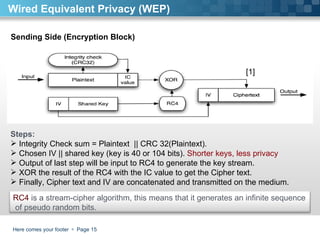 Here comes your footer     Page  Wired Equivalent Privacy (WEP) Sending Side (Encryption Block) Steps:  Integrity Check sum = Plaintext  || CRC 32(Plaintext).  Chosen IV || shared key (key is 40 or 104 bits).  Shorter keys, less privacy  Output of last step will be input to RC4 to generate the key stream.  XOR the result of the RC4 with the IC value to get the Cipher text.  Finally, Cipher text and IV are concatenated and transmitted on the medium.  [1] RC4  is a stream-cipher algorithm, this means that it generates an infinite sequence of pseudo random bits. 