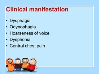 Clinical manifestation
•   Dysphagia
•   Odynophagia
•   Hoarseness of voice
•   Dysphonia
•   Central chest pain
 