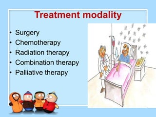 Treatment modality
•   Surgery
•   Chemotherapy
•   Radiation therapy
•   Combination therapy
•   Palliative therapy
 