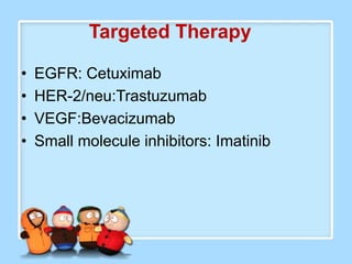 Targeted Therapy

•   EGFR: Cetuximab
•   HER-2/neu:Trastuzumab
•   VEGF:Bevacizumab
•   Small molecule inhibitors: Imatinib
 