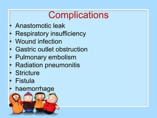 Complications
•   Anastomotic leak
•   Respiratory insufficiency
•   Wound infection
•   Gastric outlet obstruction
•   Pulmonary embolism
•   Radiation pneumonitis
•   Stricture
•   Fistula
•   haemorrhage
 