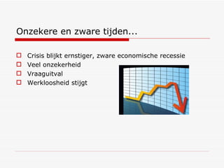 Onzekere en zware tijden... Crisis blijkt ernstiger, zware economische recessie Veel onzekerheid Vraaguitval Werkloosheid stijgt 