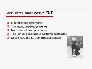 Van werk naar werk: TNT Liberalisering postmarkt TNT moet goedkoper werken Nu: dure fulltime postbodes Toekomst: goedkopere parttime postbodes Kost 6.000 tot 11.000 arbeidsplaatsen 