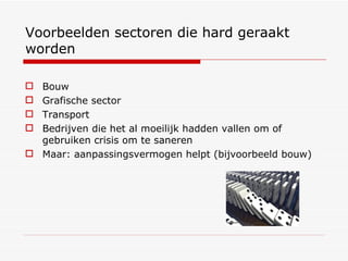Voorbeelden sectoren die hard geraakt worden Bouw Grafische sector Transport Bedrijven die het al moeilijk hadden vallen om of gebruiken crisis om te saneren Maar: aanpassingsvermogen helpt (bijvoorbeeld bouw) 