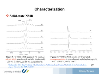 Characterization Solid-state NMR Figure 9.   17 O MAS NMR spectra of  17 O-enriched  sol–gel Nb 2 O 5  a) as formed, and after heating to b) 250 °C, c) 500 °C, d) 750 °C, and e) 1000 °C. Figure 10 .  17 O MAS NMR spectra of  17 O-enriched  mesoporous niobia  a) as-synthesized, and after heating to b) 250 °C, c) 500 °C, and d) 750 °C. Skadtchenko, B.O.;  Rao, Y .; Kemp. T.F.; Bhattacharya, P.; Thomas, P.A.; Trudeau, M.; Smith, M.E.; Antonelli, D.M.  Angew. Chem. Int. Ed .  2007 ,  46 , 2635   