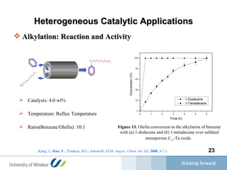 Heterogeneous Catalytic Applications Alkylation: Reaction and Activity Figure 13 .   Olefin conversion in the alkylation of benzene with (a) 1-dodecene and (b) 1-tetradecene over sulfated mesoporous C 12 -Ta oxide.   Kang, J.;  Rao, Y .; Trudeau, M.L; Antonelli, D.M.  Angew. Chem. Int. Ed .  2008 ,  47 , 1 .   Catalysts: 4.0 wt% Temperature: Reflux Temperature Ratio(Benzene/Olefin): 10:1 
