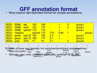 GFF annotation format• Nine-column tab-delimited format for simple annotations:
• Many of these now obsolete, but name/start/end/strand (and sometimes
type) are useful
• Methods: read, write, compareTo(GFF_file), getSeq(FASTA_file)
SEQ1 EMBL atg 103 105 . + 0 group1
SEQ1 EMBL exon 103 172 . + 0 group1
SEQ1 EMBL splice5 172 173 . + . group1
SEQ1 netgene splice5 172 173 0.94 + . group1
SEQ1 genie sp5-20 163 182 2.3 + . group1
SEQ1 genie sp5-10 168 177 2.1 + . group1
SEQ2 grail ATG 17 19 2.1 - 0 group2
Sequence
name
Program
Feature
type Start
residue
(starts at 1)
End
residue
(starts at 1)
Score
Strand
(+ or -)
Coding
frame
("." if not
applicable)
Group
 