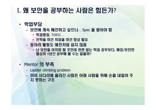 I. 왜 보안을 공부하는 사람은 힘든가?

• 학업부담
  – 보안에 계속 매진하고 싶으나… Spec 을 쌓아야 함
    • 학점평점, TOEIC…
    • 진학을 하건 취업을 하건 항상 필요
  – 동아리 활동도 예전처럼 쉽지 않음
    • 난 보안을 어차피 할 것인데 관련 없는 학과 공부보다, 해킹/보안만
      열심히 4년간 공부해 볼 수는 없을까?


• Mentor 의 부족
  – Ladder climbing problem
  – 이미 사다리에 올라간 사람은 아래 사람을 위해 손을 내밀어 주
    지 못하는 구조
 