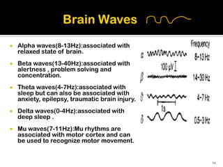    Alpha waves(8-13Hz):associated with
    relaxed state of brain.
   Beta waves(13-40Hz):associated with
    alertness , problem solving and
    concentration.
   Theta waves(4-7Hz):associated with
    sleep but can also be associated with
    anxiety, epilepsy, traumatic brain injury.
   Delta waves(0-4Hz):associated with
    deep sleep .
   Mu waves(7-11Hz):Mu rhythms are
    associated with motor cortex and can
    be used to recognize motor movement.


                                                 14
 