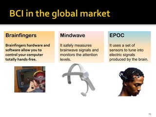 Brainfingers                Mindwave                 EPOC
Brainfingers hardware and   It safely measures       It uses a set of
software allow you to       brainwave signals and    sensors to tune into
control your computer       monitors the attention   electric signals
totally hands-free.         levels.                  produced by the brain.




                                                                              25
 