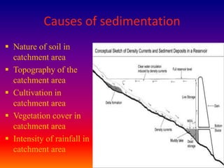 Causes of sedimentation
 Nature of soil in
  catchment area
 Topography of the
  catchment area
 Cultivation in
  catchment area
 Vegetation cover in
  catchment area
 Intensity of rainfall in
  catchment area
                                     22
 