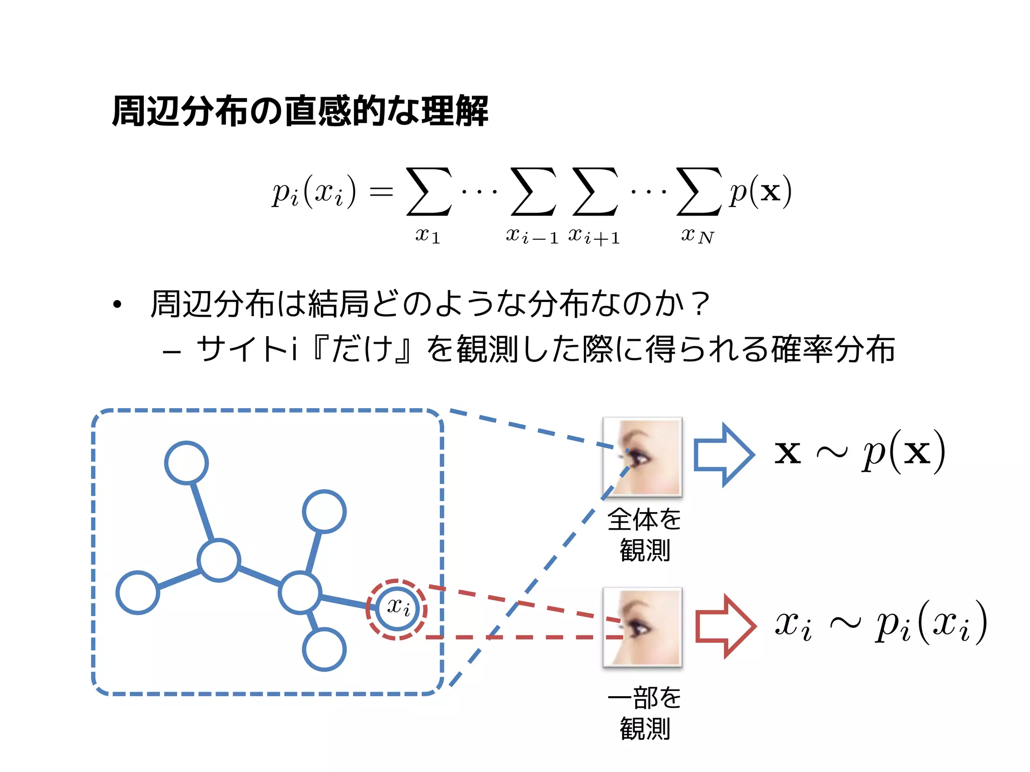 周辺分布の直感的な理解

• 周辺分布は結局どのような分布なのか？
– サイトi『だけ』を観測した際に得られる確率分布

全体を
観測

一部を
観測

 