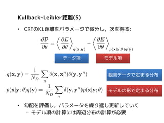 最適解の一意性
• エネルギー分布が以下の形をとる場合に対して，
前述の更新則で求めるパラメータは一意の解をもつ:
– KL距離を二階微分，半正定値の共分散行列となる

• このような分布族を『指数型分布族』という
– 最適なパラメータが必ず学習できる
• 学習にはモデル分布の周辺分布が必要
– 変分原理(平均場近似，確率伝搬法)で求める方法と，
Gibbs Samplingなどを用いて解く方法の二通りがある

 