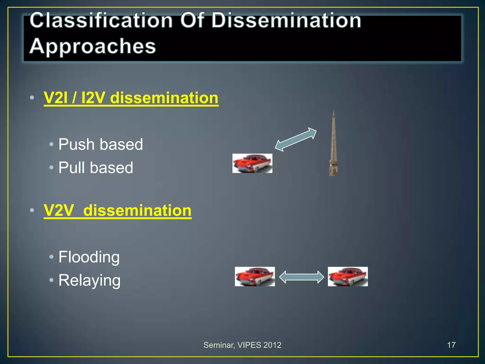 • V2I / I2V dissemination
• Push based
• Pull based
• V2V dissemination
• Flooding
• Relaying
Seminar, VIPES 2012 17
 