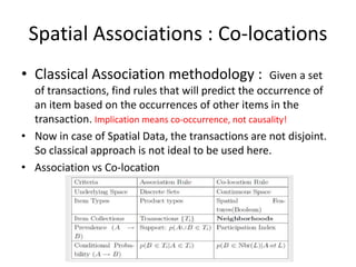 Spatial Associations : Co-locations
• Classical Association methodology : Given a set
of transactions, find rules that will predict the occurrence of
an item based on the occurrences of other items in the
transaction. Implication means co-occurrence, not causality!
• Now in case of Spatial Data, the transactions are not disjoint.
So classical approach is not ideal to be used here.
• Association vs Co-location
 