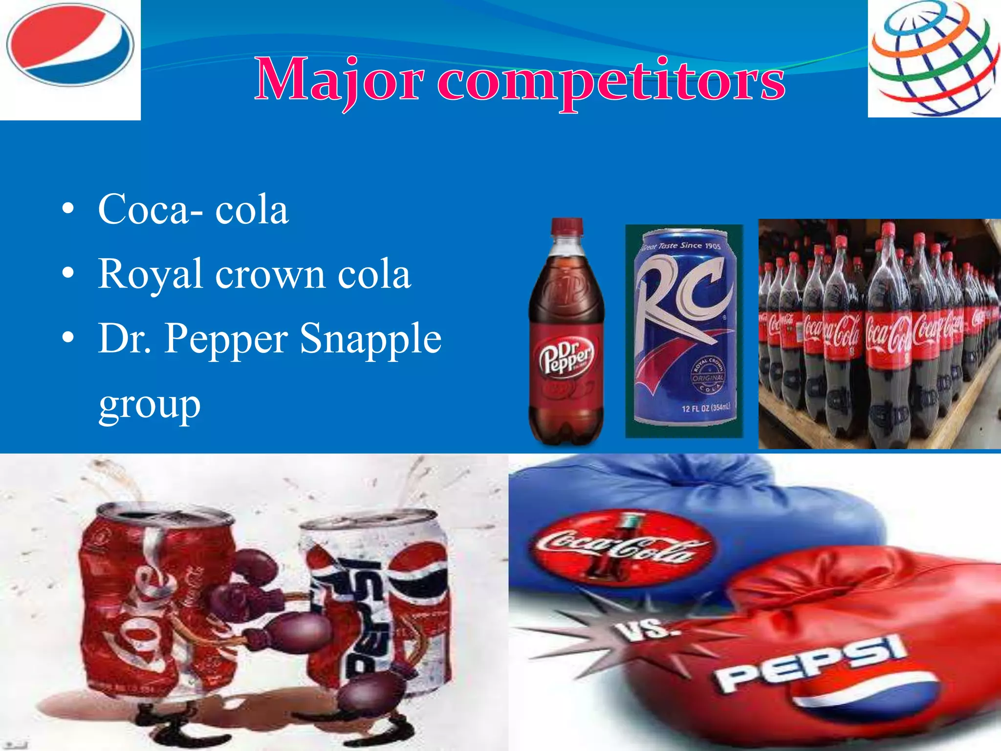 • Coca- cola
• Royal crown cola
• Dr. Pepper Snapple
group
 
