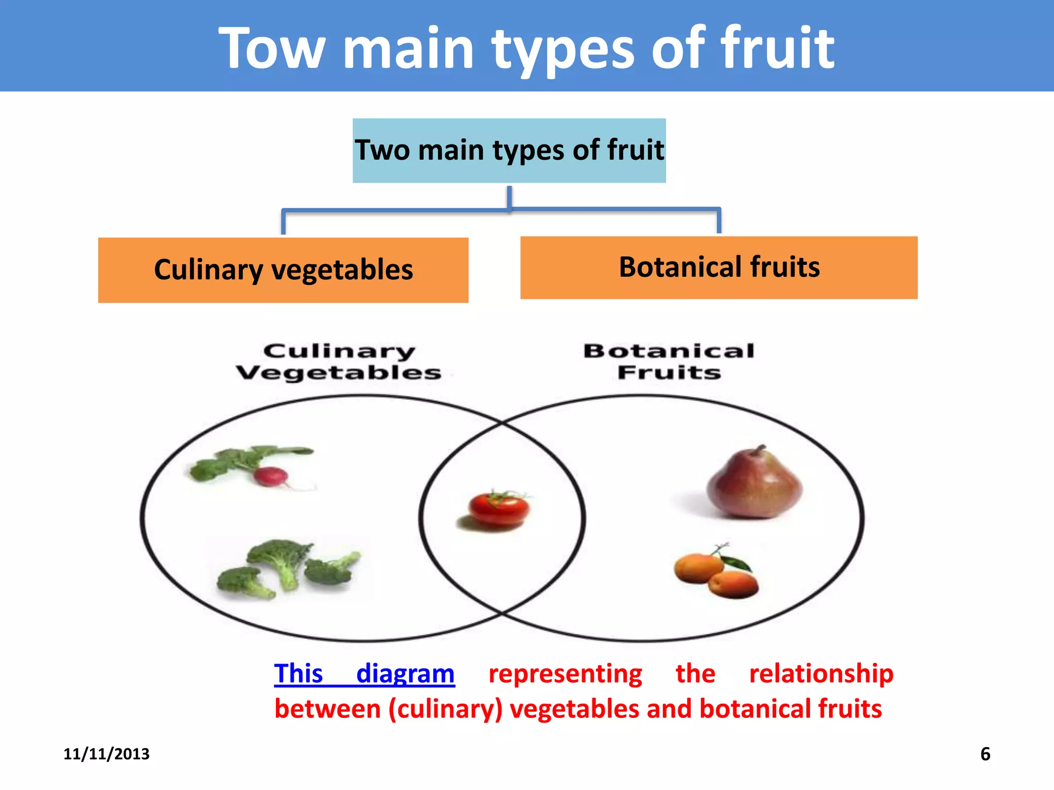 Tow main types of fruit
Two main types of fruit

Culinary vegetables

Botanical fruits

This diagram representing the relationship
between (culinary) vegetables and botanical fruits
11/11/2013

6

 