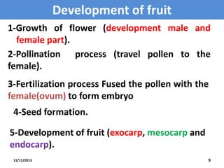 Development of fruit
1-Growth of flower (development male and
female part).
2-Pollination process (travel pollen to the
female).
3-Fertilization process Fused the pollen with the
female(ovum) to form embryo
4-Seed formation.

5-Development of fruit (exocarp, mesocarp and
endocarp).
11/11/2013

9

 