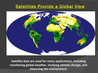 Satellites Provide a Global View

Satellite data are used for many applications, including
monitoring global weather, stud...