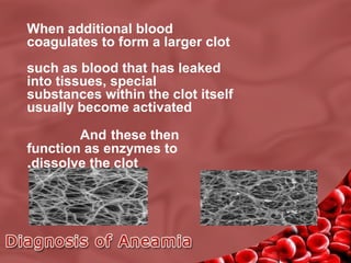 When additional blood
coagulates to form a larger clot
such as blood that has leaked
into tissues, special
substances within the clot itself
usually become activated
And these then
function as enzymes to
.dissolve the clot

 