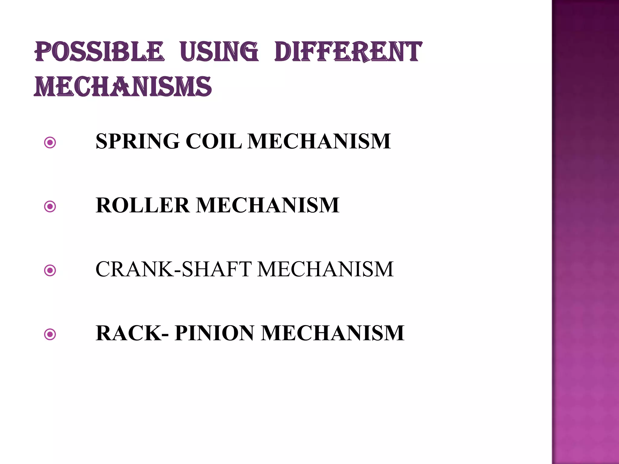 

SPRING COIL MECHANISM



ROLLER MECHANISM



CRANK-SHAFT MECHANISM



RACK- PINION MECHANISM

 