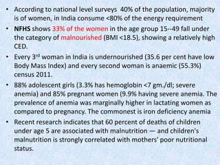 • According to national level surveys 40% of the population, majority
is of women, in India consume <80% of the energy req...