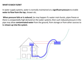 WHAT IS BACK FLOW?
In water supply systems, water is normally maintained at a significant pressure to enable
water to flow from the tap, shower etc.
When pressure fails or is reduced, (as may happen if a water main bursts, pipes freeze or
there is unexpectedly high demand on the water system), then such reduced pressure in the
pipe may allow contaminated water from the ground, from storage or from other sources to
be drawn up into the system.

 