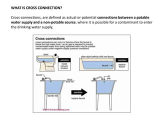 WHAT IS CROSS CONNECTION?
Cross-connections, are defined as actual or potential connections between a potable
water supply and a non-potable source, where it is possible for a contaminant to enter
the drinking water supply.

 