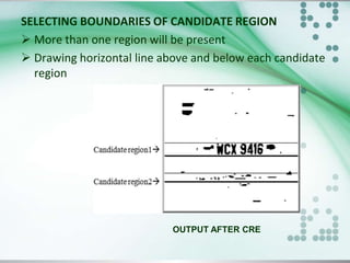 SELECTING BOUNDARIES OF CANDIDATE REGION
 More than one region will be present
 Drawing horizontal line above and below each candidate
region

OUTPUT AFTER CRE

 