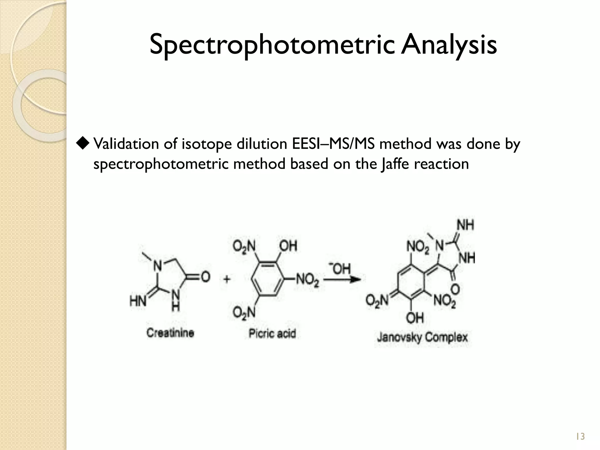 Spectrophotometric Analysis
Validation of isotope dilution EESI–MS/MS method was done by
spectrophotometric method based on the Jaffe reaction
13
 