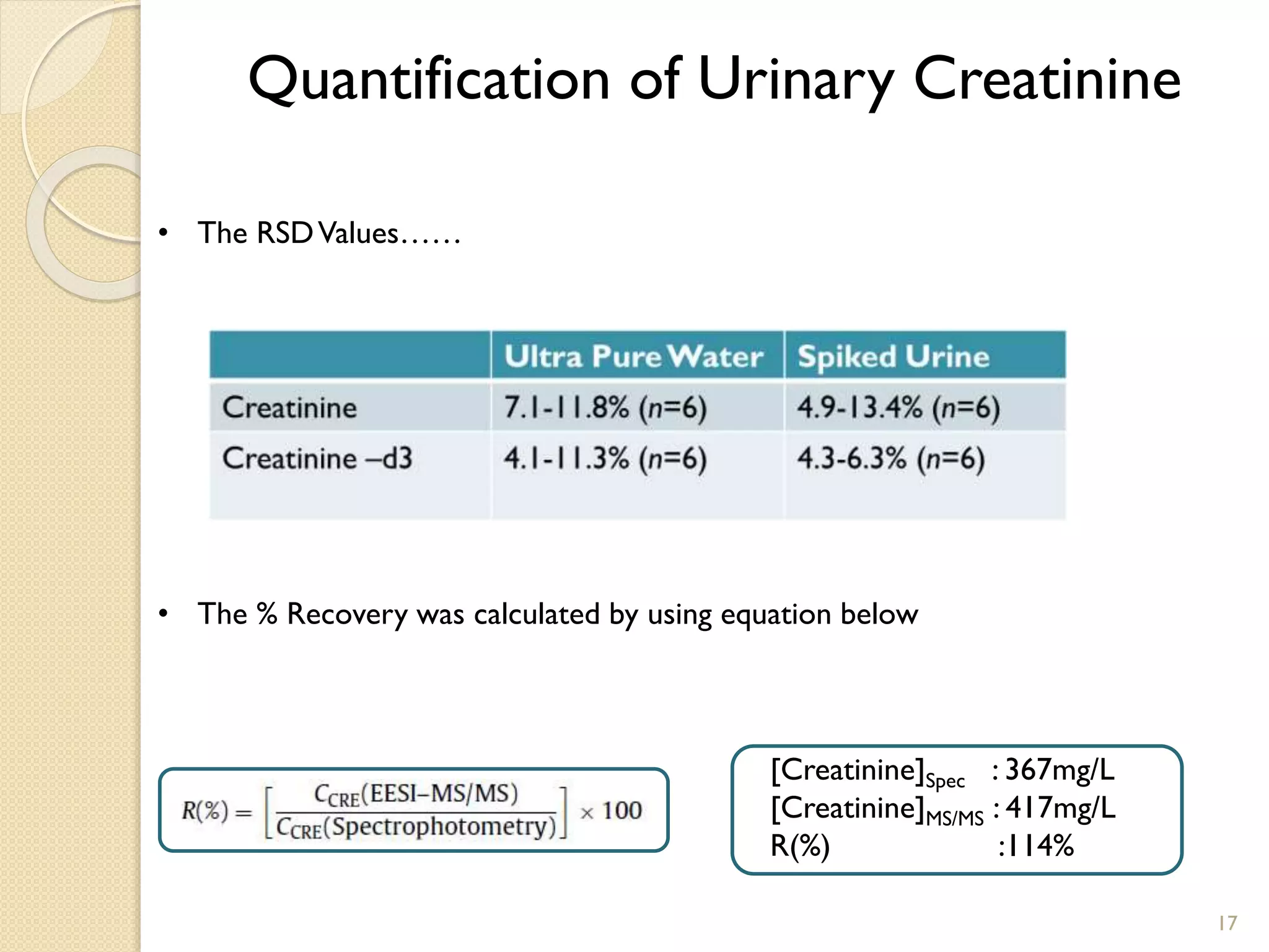 17
• The RSDValues……
• The % Recovery was calculated by using equation below
[Creatinine]Spec : 367mg/L
[Creatinine]MS/MS : 417mg/L
R(%) :114%
Quantification of Urinary Creatinine
 