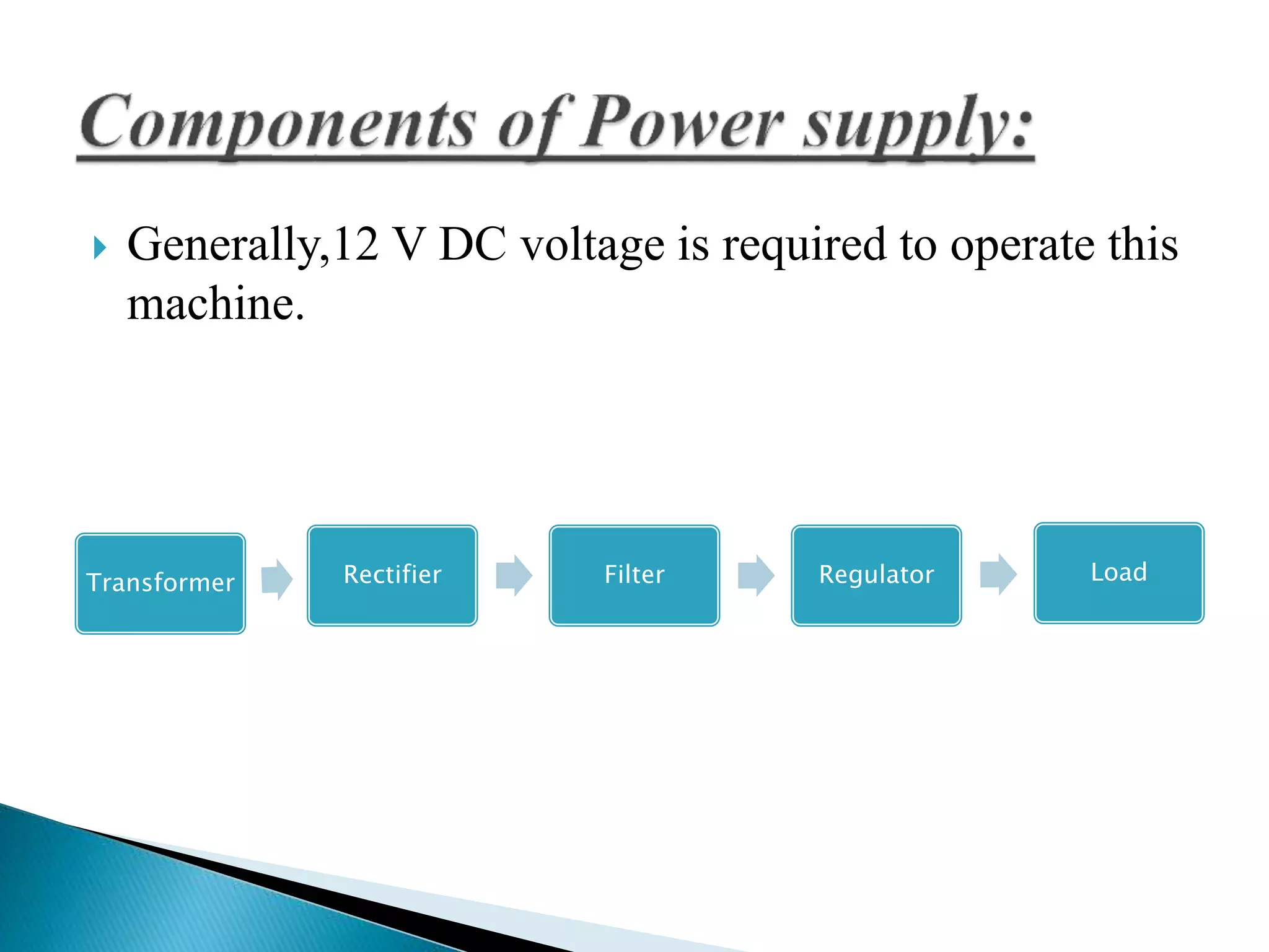  Generally,12 V DC voltage is required to operate this 
machine. 
Transformer Rectifier Filter Regulator Load 
 