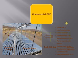 swapnil.energy9@gmail.com 11 
• Temp~400°C 
• Line Focusing type 
• Linear receiver 
• Fixed absorber row 
shared among mirrors 
• Flat or curved conc. 
mirrors 
• Commercially under 
development 
• Less Structures 
• 5 MW operational in CA 
Commercial CSP 
Parabolic 
Trough Central Tower Dish Stirling Fresnel 
Collector 
 