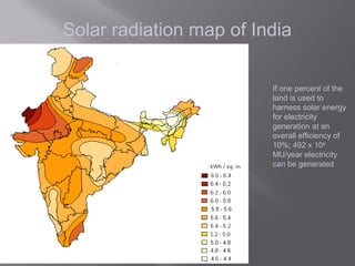 Solar radiation map of India 
If one percent of the 
land is used to 
harness solar energy 
for electricity 
generation at an 
overall efficiency of 
10%; 492 x 106 
MU/year electricity 
can be generated 
 