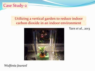 Case Study-2 
Utilizing a vertical garden to reduce indoor 
carbon dioxide in an indoor environment 
Yarn et al., 2013 
Wulfenia Jouranl 
 